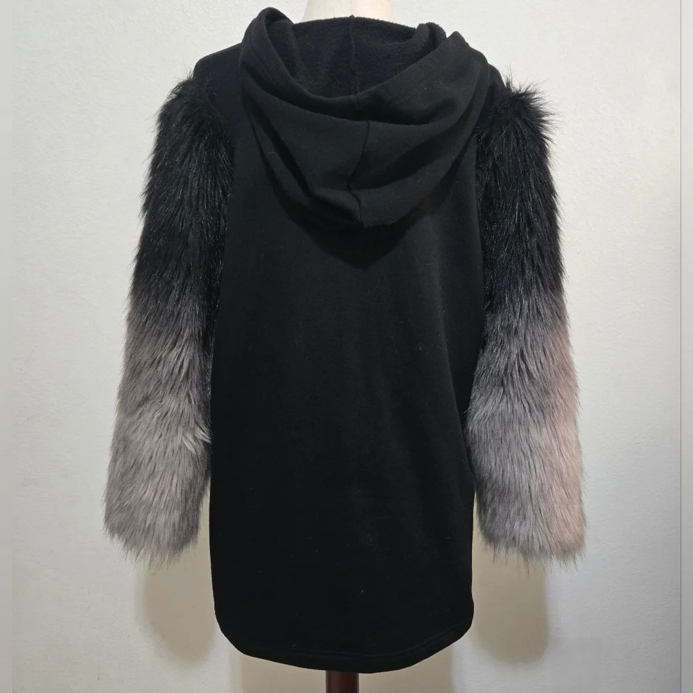 ZARA Black Zippered Hoodie Sweater Black Gray Ombre Faux Fur Sleeves Medium - Picture 4 of 15